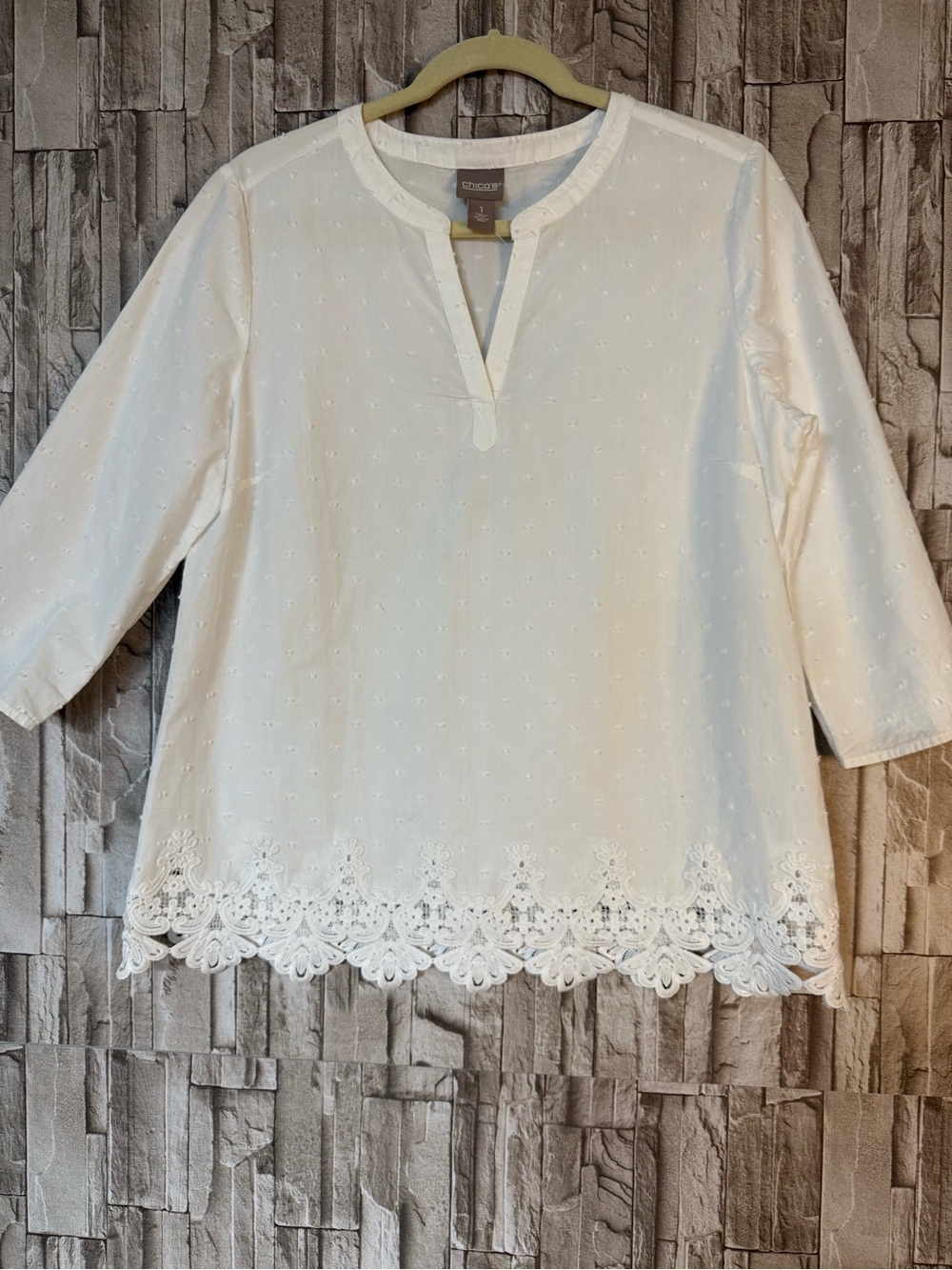 Chico's White Eyelet Tunic with Scalloped Lace Hem